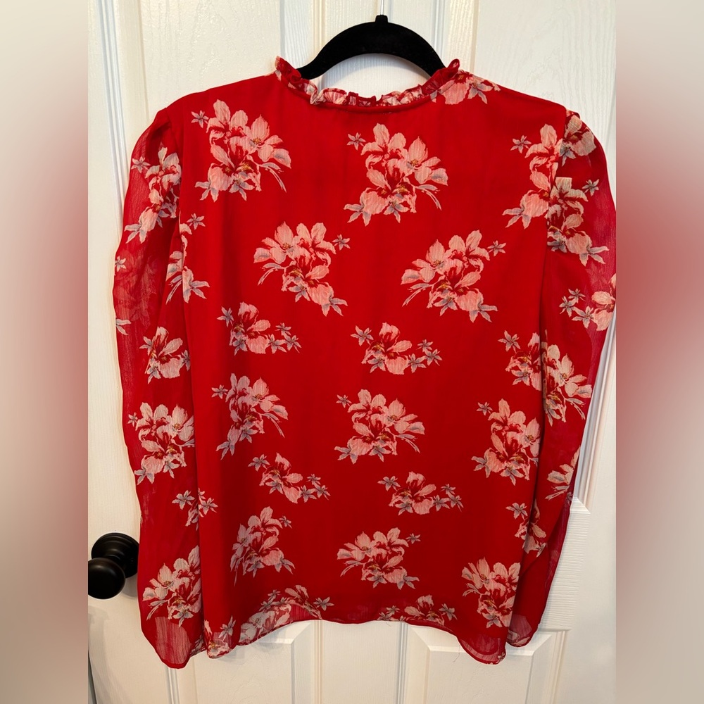 CeCe Red Floral Ruffle Tie Neck Sheer Blouse Size Large Romantic Boho Top - Picture 6 of 9